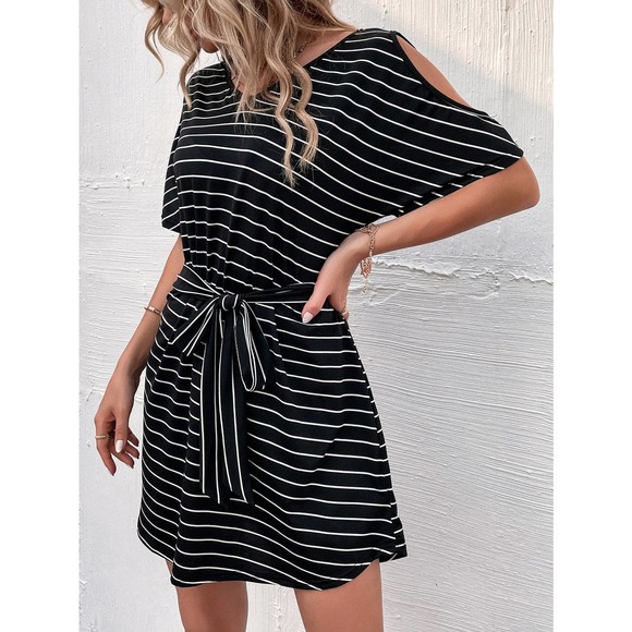 preppy Cold Shoulder Striped Belted Dress black white - Picture 7 of 10